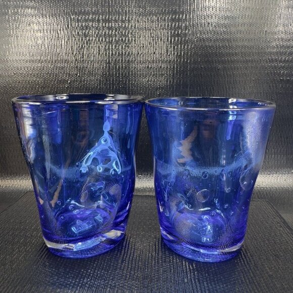 Hudson Grace Henri Tumbler Glasses Controlled Bubbles Pinched Dark Blue Set Of 2 - Picture 10 of 14